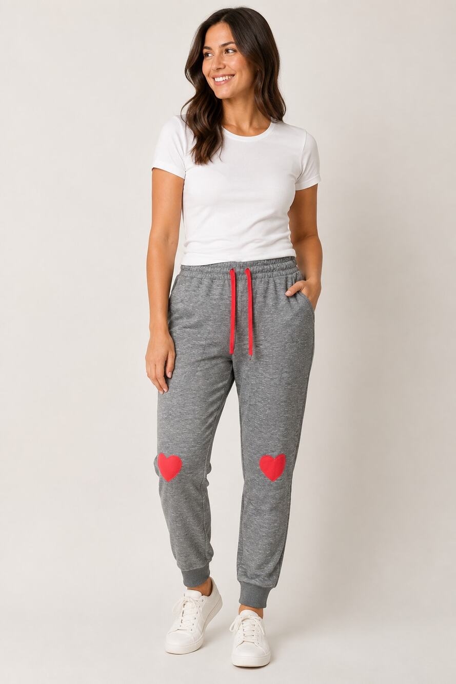 LuLaRoe Jax NWOT SMALL Heathered Gray with Red Heart Knee Patches Joggers